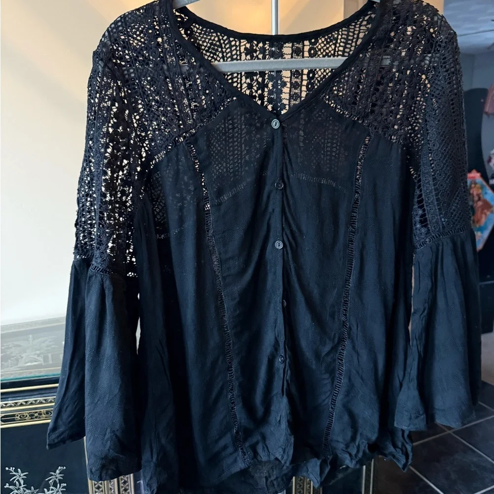 Women's Black Lace Button-Up Top - Picture 1 of 5